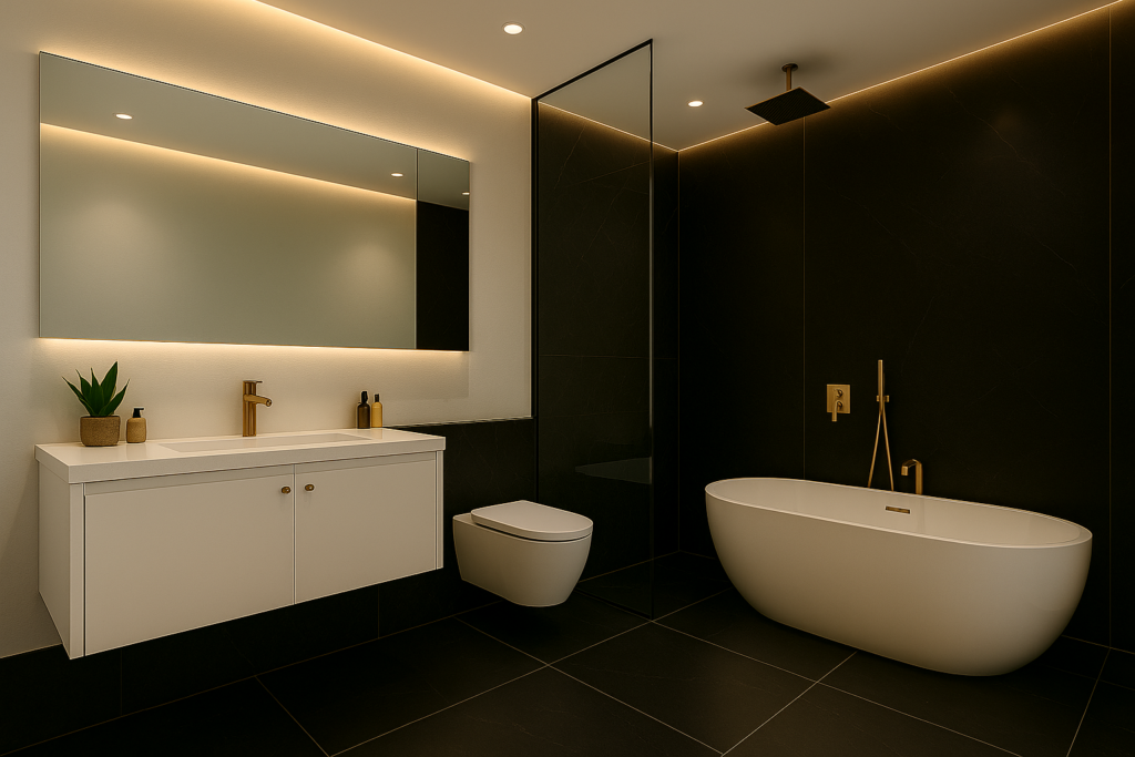 Banheiros com Porcelanato Preto: Elegância que Redefine o seu Espaço 1 Imagem atual: Banheiro moderno com porcelanato preto, banheira de luxo e iluminação em LED embutida.