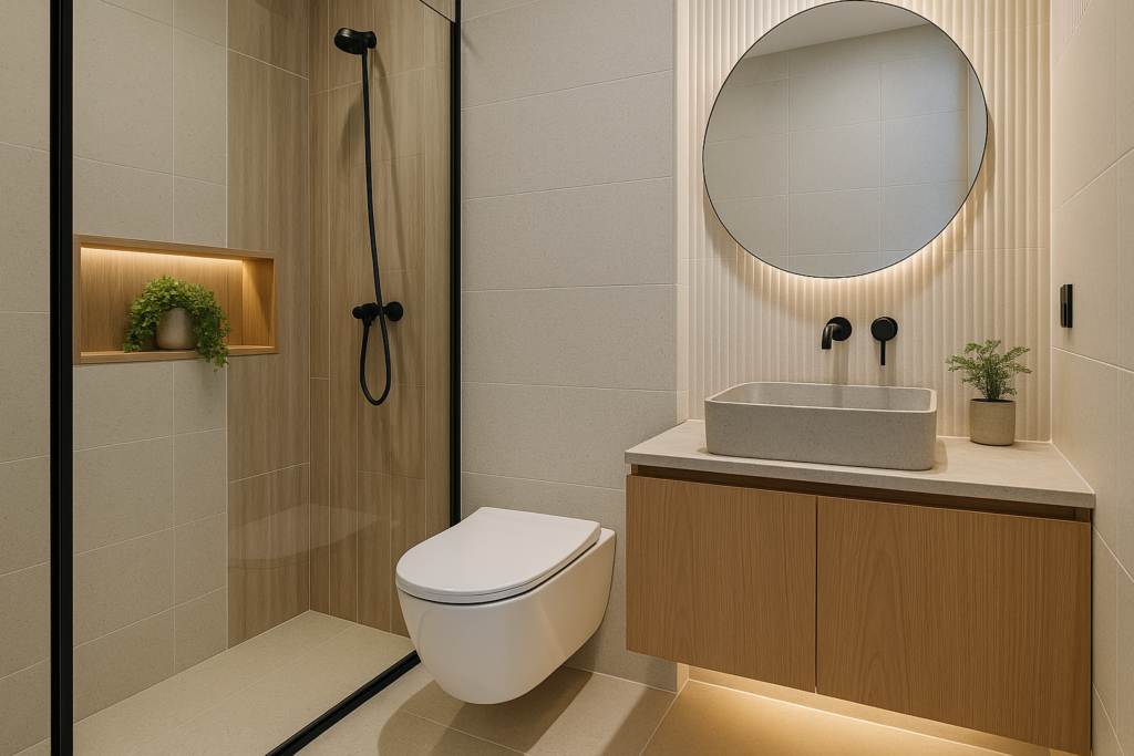 Banheiro Pequeno e Moderno: 10 Ideias Criativas para Inspirar Seu Projeto 1 Imagem atual: Banheiro pequeno e moderno com revestimento bege, nicho iluminado no box, metais pretos e bancada suspensa em madeira clara.