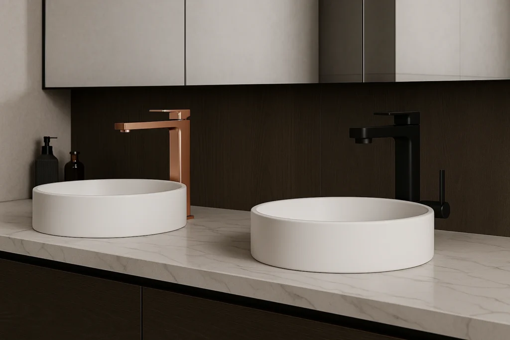 Docol ou Deca? Veja o Comparativo Completo Antes de Comprar 3 Imagem atual: Comparativo de torneiras Docol e Deca em banheiro moderno e elegante com cubas sobrepostas.