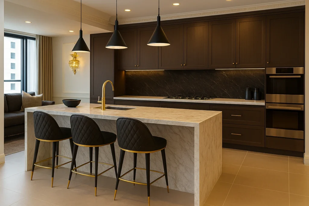 Balcão de porcelanato para cozinha americana: charme e sofisticação 1 Imagem atual: Cozinha americana moderna e elegante com balcão de porcelanato marmorizado, cadeiras sofisticadas e iluminação luxuosa em tons neutros.
