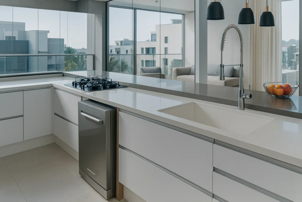 Pia de Alvenaria com Porcelanato: Modelos, Medidas e Dicas para Sua Cozinha 1 Imagem atual: Cozinha moderna com pia de alvenaria com porcelanato, bancada branca, torneira gourmet inox e cooktop, integrada a ambiente com janelas amplas e iluminação natural.