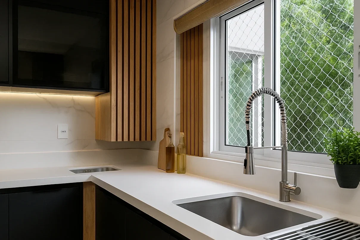 Pia de Alvenaria com Porcelanato: Modelos, Medidas e Dicas para Sua Cozinha 3 Cozinha moderna e elegante em L com pia de alvenaria revestida em porcelanato liso, bancada branca e detalhes sofisticados.