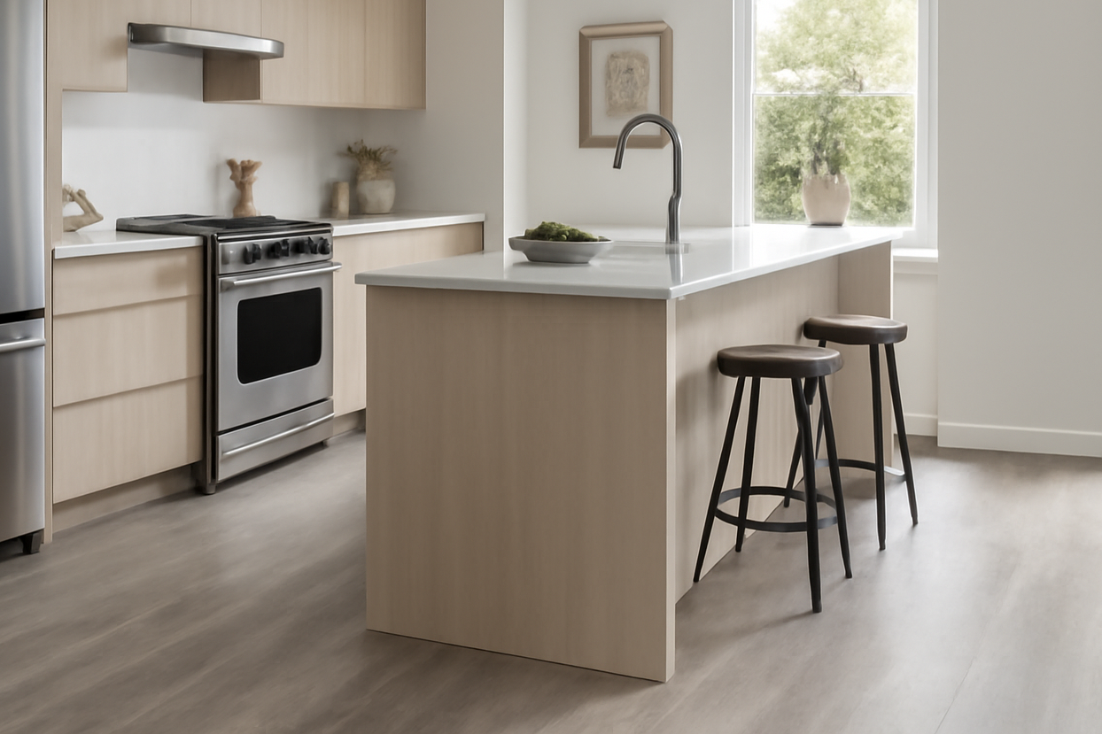 Piso Vinílico ou Laminado: Entenda a Diferenças para o Seu Ambiente 2 Cozinha moderna com piso vinílico de tom cinza claro, móveis minimalistas de madeira clara, bancada de pedra e iluminação natural abundante.