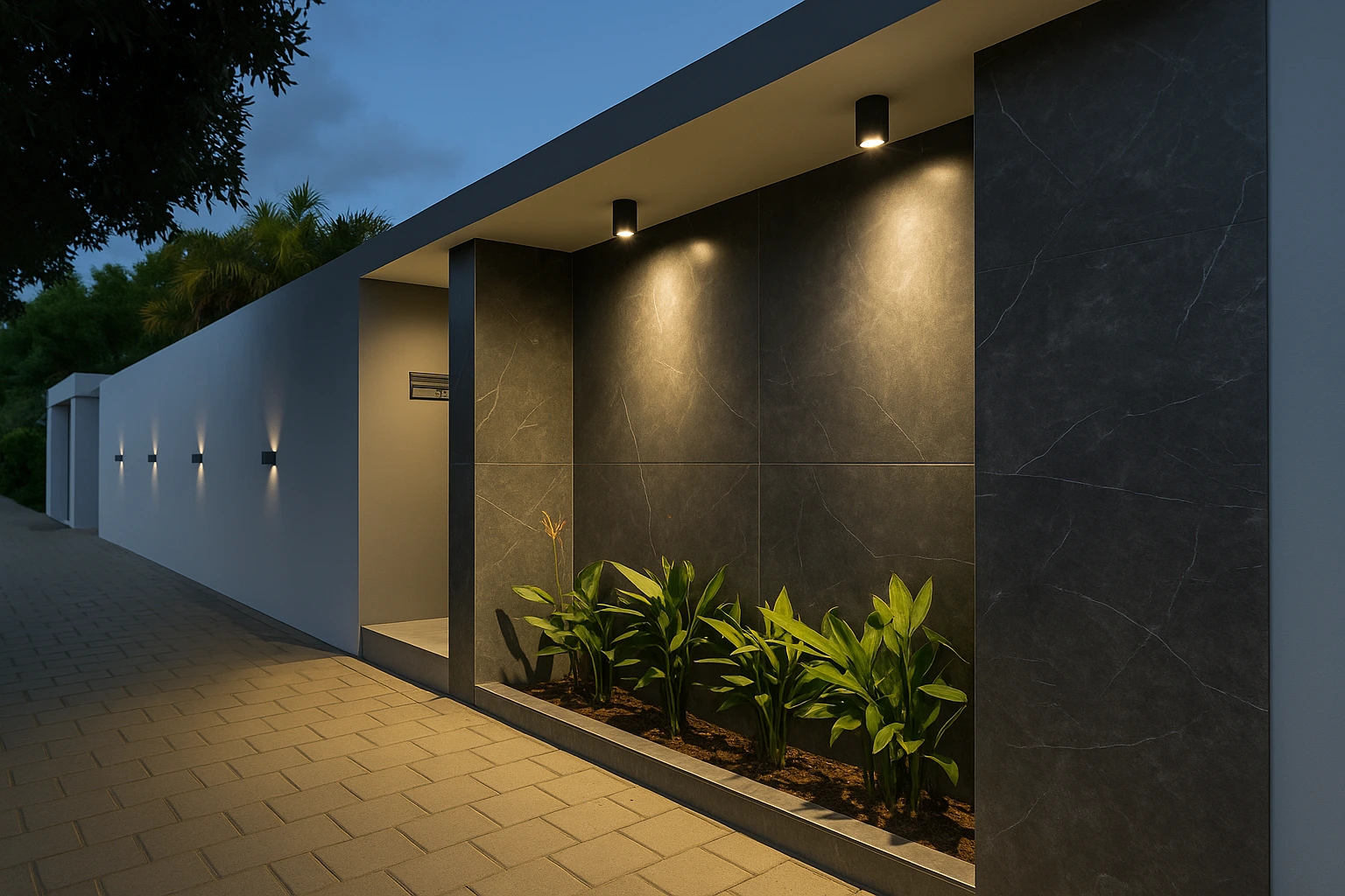 Porcelanato para Fachada Exterior: Beleza, Durabilidade e Sofisticação 1 Muro moderno com revestimento em porcelanato cinza escuro, iluminação embutida e paisagismo frontal.