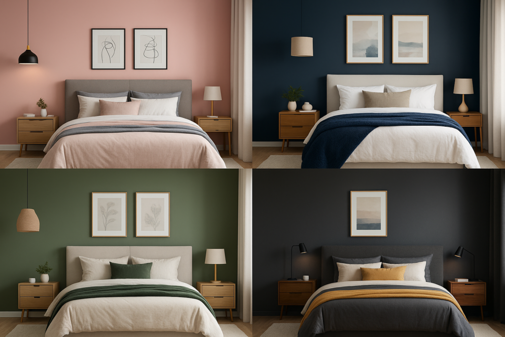 10 Inspirações de Cores para Quarto de Casal Moderno e Aconchegante 1 Imagem atual: Quatro inspirações de cores para quarto de casal moderno, com combinações sofisticadas em rosa, azul-marinho, verde e cinza-escuro, decorados com móveis de madeira e iluminação aconchegante.