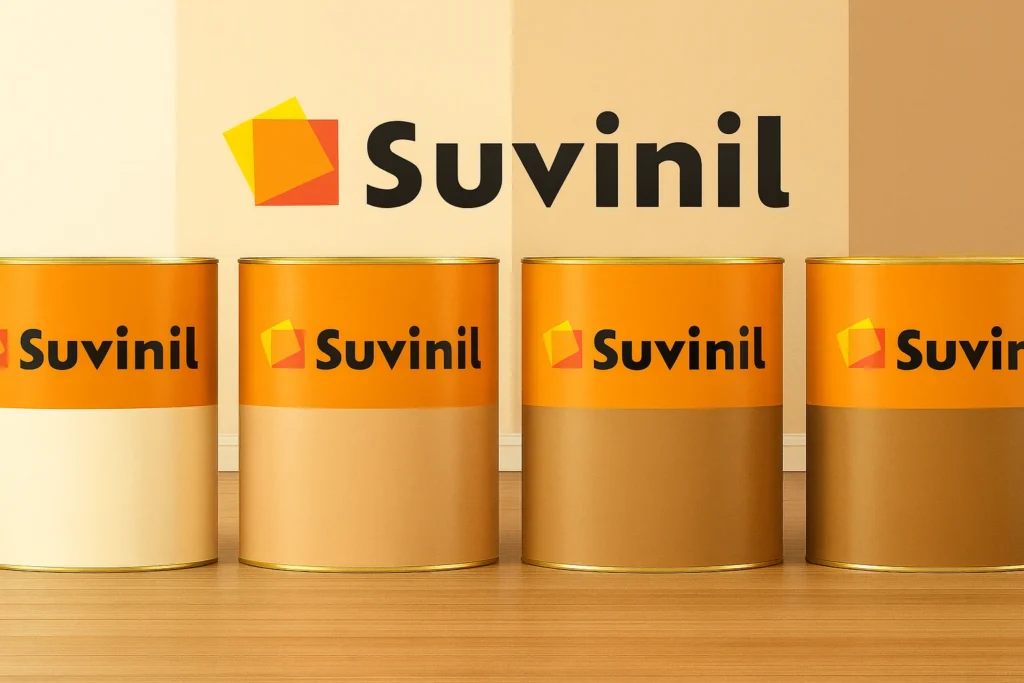 Tintas Suvinil: Confira as Principais Linhas e Funcionalidades em Cada Ambiente 1 Imagem atual: Latas de tinta Suvinil em tons terrosos, alinhadas em ambiente moderno com fundo bege.