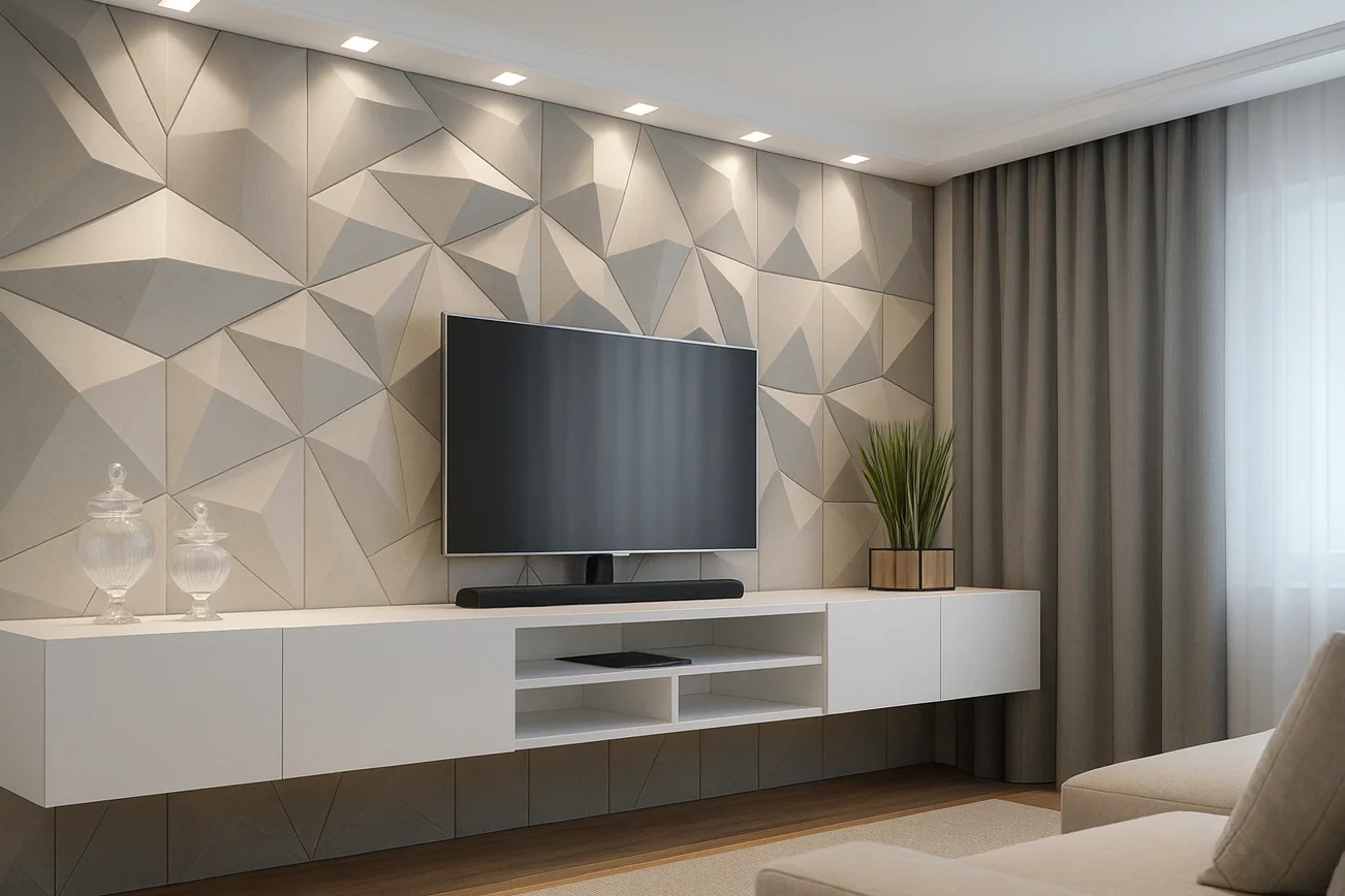 Revestimento Decorativo: transforme cada ambiente com estilo e personalidade 4 Parede com revestimento 3D geométrico em tons bege.