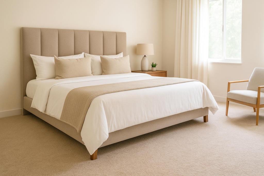 Carpete no quarto: vale a pena? Conheça 3 motivos para investir nesse revestimento 1 Imagem atual: Quarto moderno com carpete bege, cama estofada, criado-mudo e luz natural.