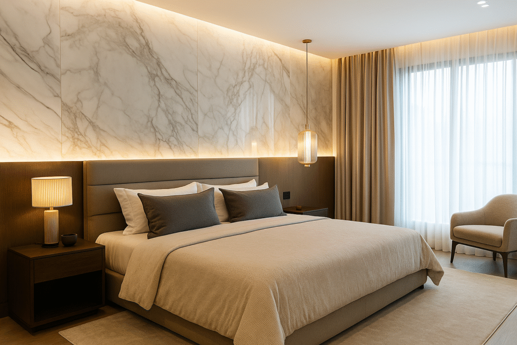 Imagem atual: Quarto moderno luxuoso com parede de porcelanato iluminada e decoração sofisticada.