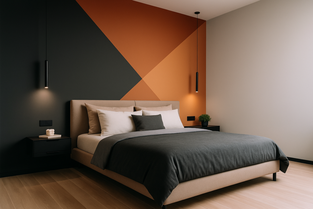 Pintura de Quarto: Confira Cores e Estilos para se inspirar. 1 Imagem atual: Pintura de quarto moderna com parede geométrica preta e laranja, cama estofada bege e decoração minimalista.
