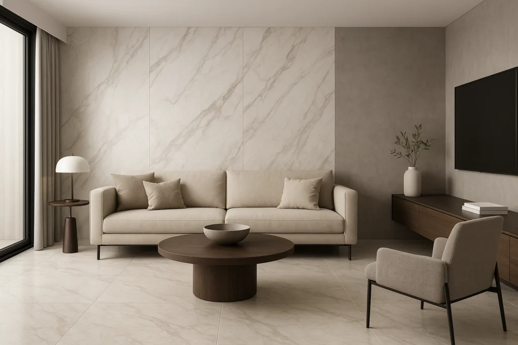 Eliane Revestimento, Pisos e Porcelanatos: Dicas para Escolher o Ideal 1 Imagem atual: Sala de estar moderna com sofá bege, mesa de centro redonda de madeira e parede revestida em porcelanato marmorizado