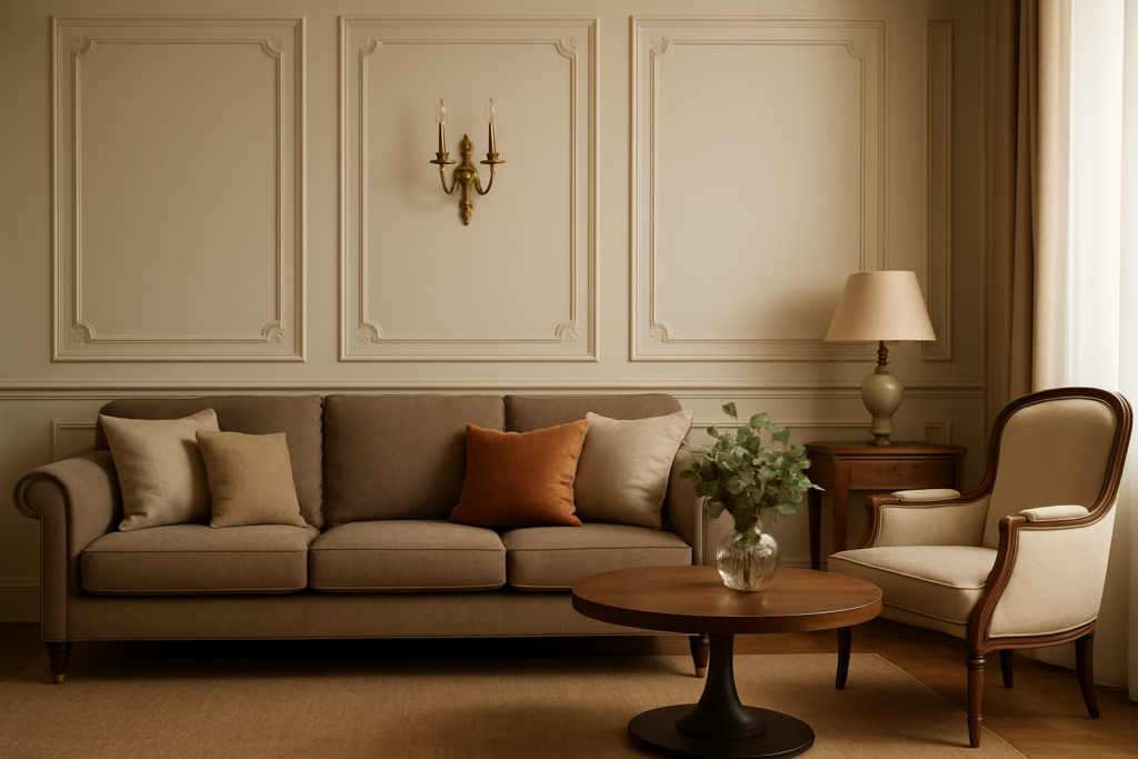 Sala de estar elegante com boiserie aplicado na parede, sofá marrom com almofadas em tons neutros, poltrona clássica, mesa de centro em madeira e luminária de parede dourada.