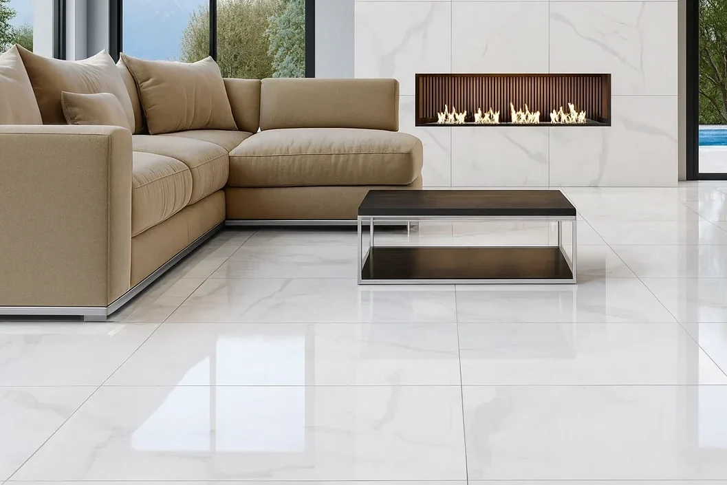 Portobello: Porcelanatos e Revestimentos de Alta Qualidade para Todos os Ambientes 3 Sala moderna com piso Michelangelo Portobello polido, lareira embutida e vista panorâmica para piscina.