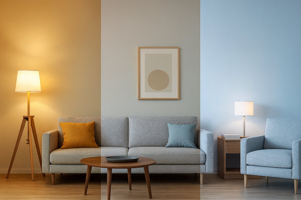 Imagem atual: Sala moderna dividida em três áreas com iluminação quente, neutra e fria, cada uma com cores de parede que valorizam a luz.