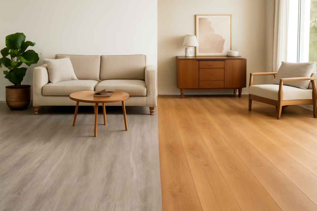 Piso Vinílico ou Laminado: Entenda a Diferenças para o Seu Ambiente 1 Imagem atual: Sala moderna com piso vinílico de tom cinza e piso laminado de carvalho dourado, com sofá bege, mesa de café de madeira e móveis minimalistas, iluminada naturalmente.