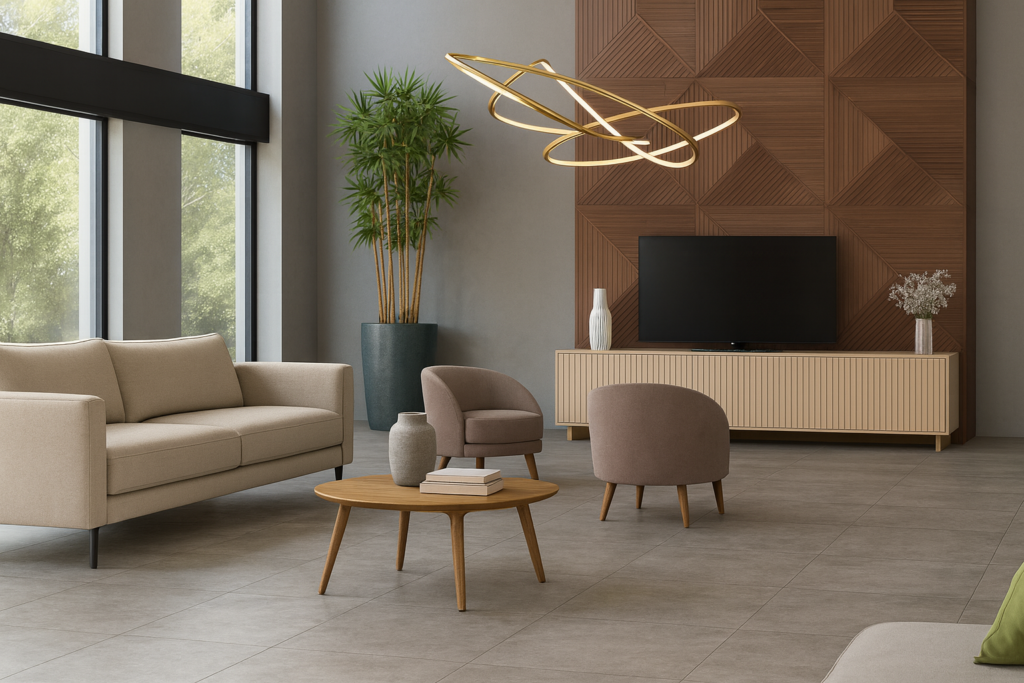 Porcelanato Cimentício: Como Escolher o Modelo para Cada Ambiente 1 Imagem atual: Sala de estar moderna com piso em porcelanato cimentício, móveis em tons neutros e painel de madeira decorativo.