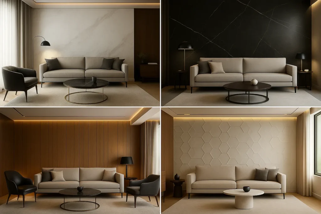 Parede de Sala com Porcelanato: Confira 5 Modelos Elegante e Sofisticado 1 Imagem atual: Montagem sofisticada de quatro salas modernas com diferentes tipos de porcelanato: marmorizado branco, marmorizado preto, amadeirado e 3D geométrico, todos em ambientes elegantes com iluminação refinada e móveis de design.