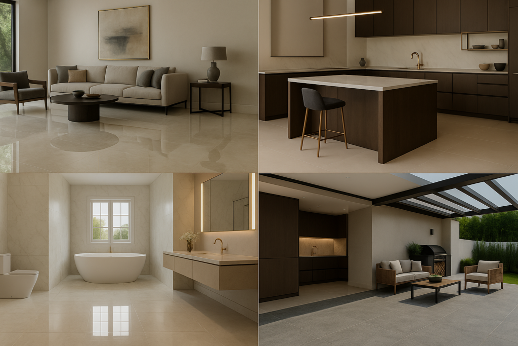 Tipo de Porcelanato: Conheça Cada Um e Onde Usar no Seu Projeto 1 Imagem atual: Imagem de quatro ambientes modernos mostrando porcelanato polido em sala, acetinado em cozinha, esmaltado em banheiro e natural em área externa.