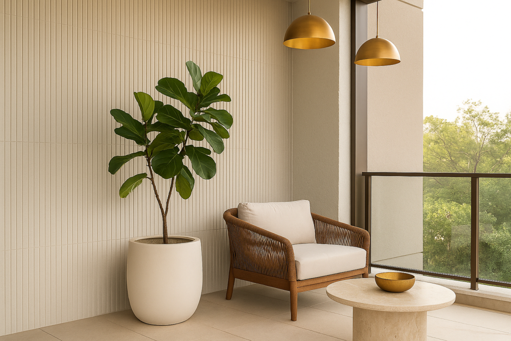 Imagem atual: Varanda externa moderna com parede revestida em Ibirapuera Cinza Decortiles, poltrona elegante, mesa de centro refinada e iluminação dourada sofisticada.