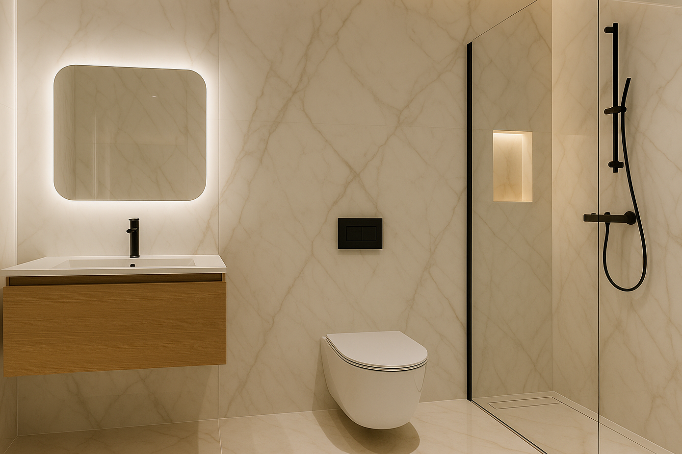 Porcelanato Polido: Dicas e Curiosidades que você precisa conhecer 4 banheiro moderno parede porcelanato polido calacata edited