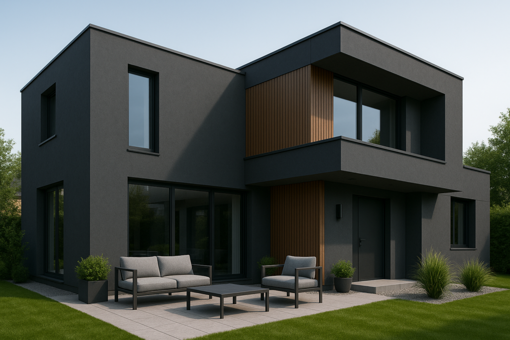 Pintura de Casa Externa: Cores e Estilos em alta 1 Imagem atual: Fachada de casa moderna em tom cinza escuro com detalhes ripados de madeira e quintal sofisticado com decoração minimalista.