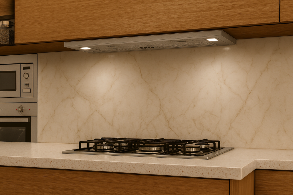 Imagem atual: Cozinha moderna com coifa de embutir inox instalada em armário acima do fogão de embutir.