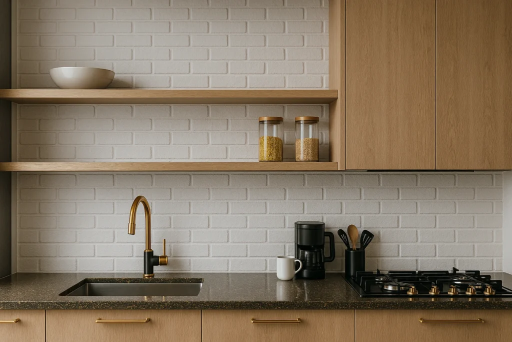 Imagem atual: Cozinha elegante com parede de tijolinho branco, armários em madeira clara, bancada sofisticada e torneira dourada.