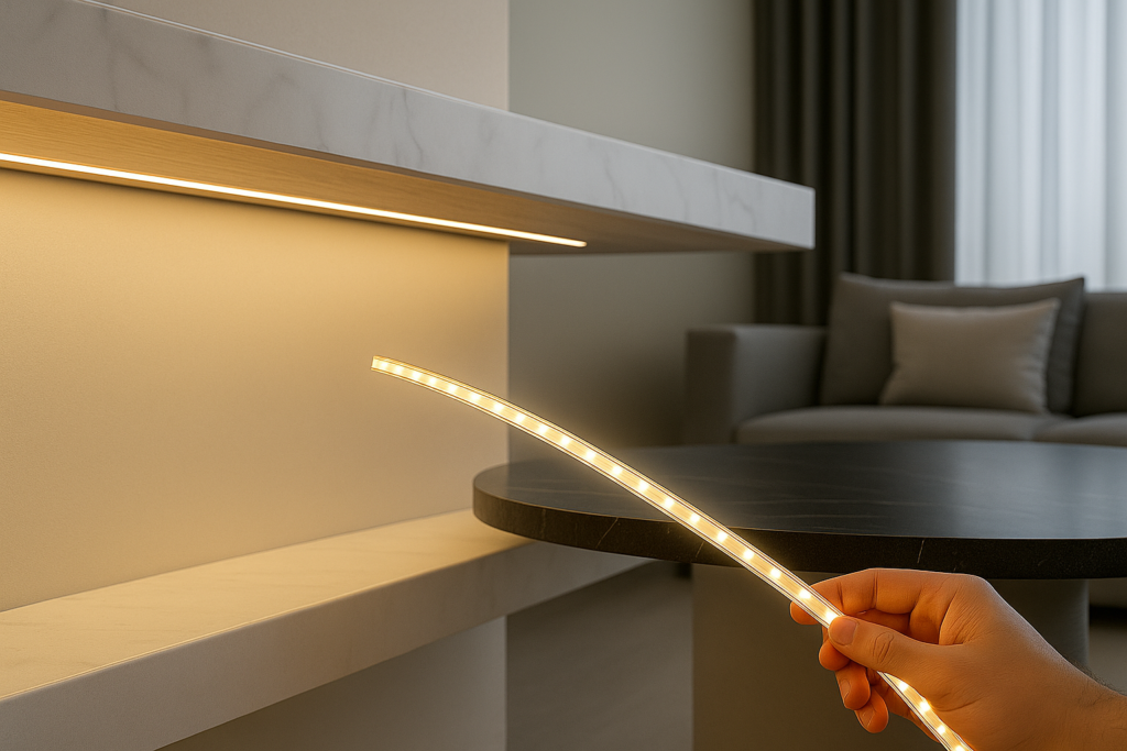 Saiba como Instalar Fita de LED: passo a passo fácil para valorizar qualquer espaço 1 Imagem atual: Mão instalando fita de LED sob prateleira de mármore em sala moderna com sofá e mesa de centro, iluminação quente e ambiente sofisticado.