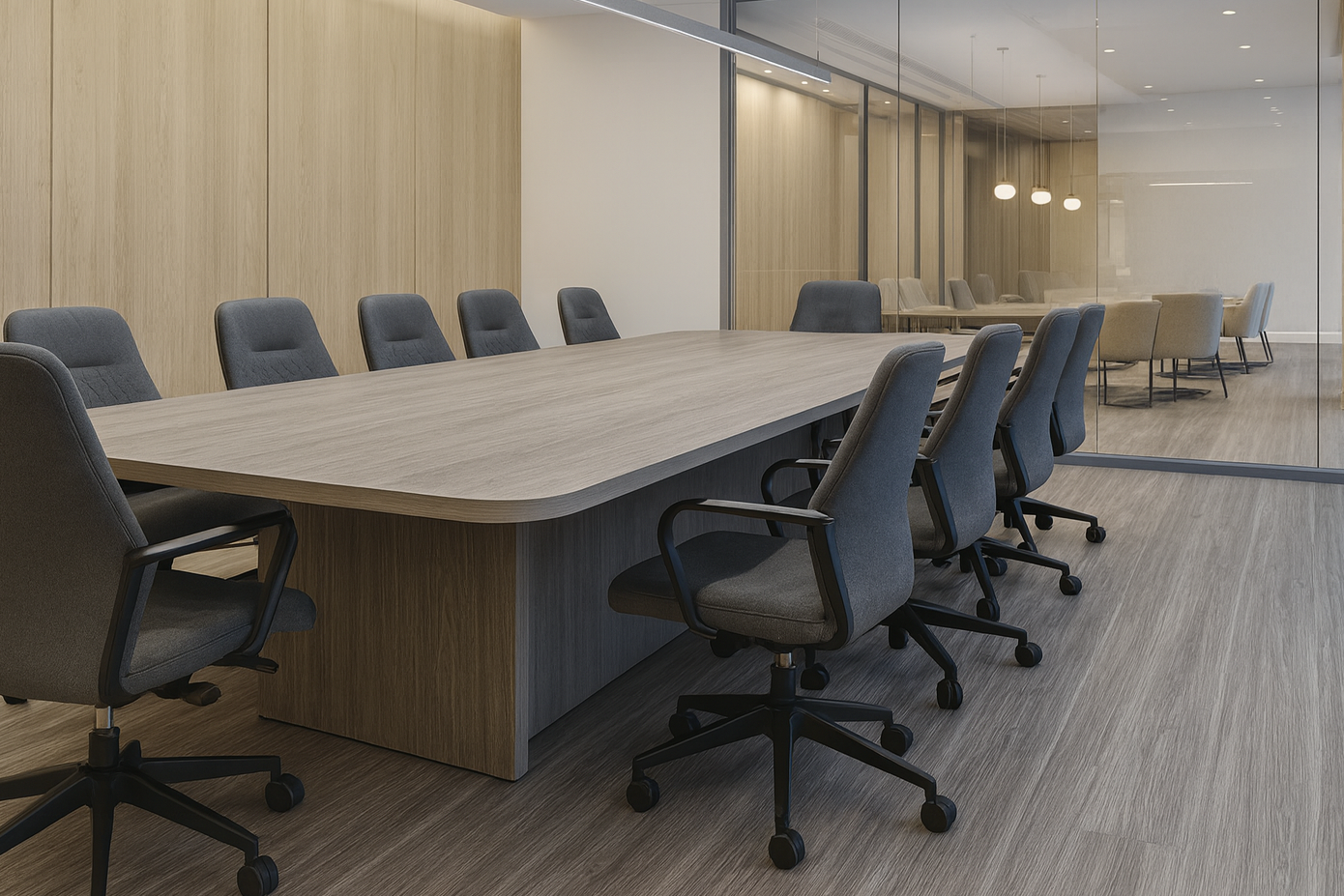 Sala de reunião moderna com piso vinílico LVT Montelupo 20,3x1,22 Aquila em madeira acinzentada, cadeiras ergonômicas e mesa ampla.