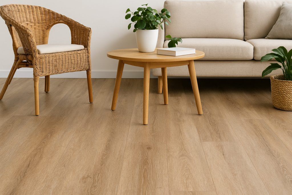 Imagem atual: Sala de estar aconchegante com piso vinílico Montelupo em madeira clara, sofá bege e móveis minimalistas.