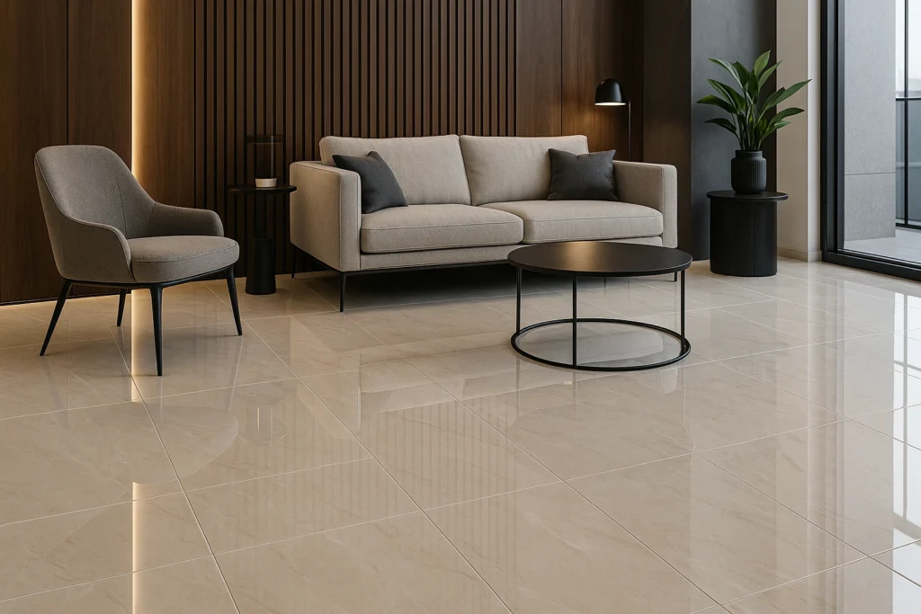 Porcelanato Polido: Dicas e Curiosidades que você precisa conhecer 1 Imagem atual: Sala moderna com porcelanato polido em tom claro, móveis elegantes e parede de madeira ripada iluminada.