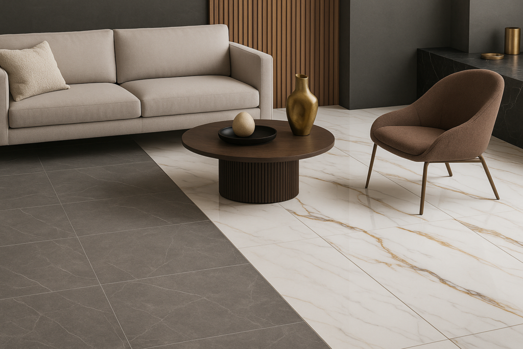 Imagem atual: Sala sofisticada com piso de porcelanato tipo A polido e porcelanato tipo C fosco, destacando diferença de acabamento em ambiente moderno e elegante.