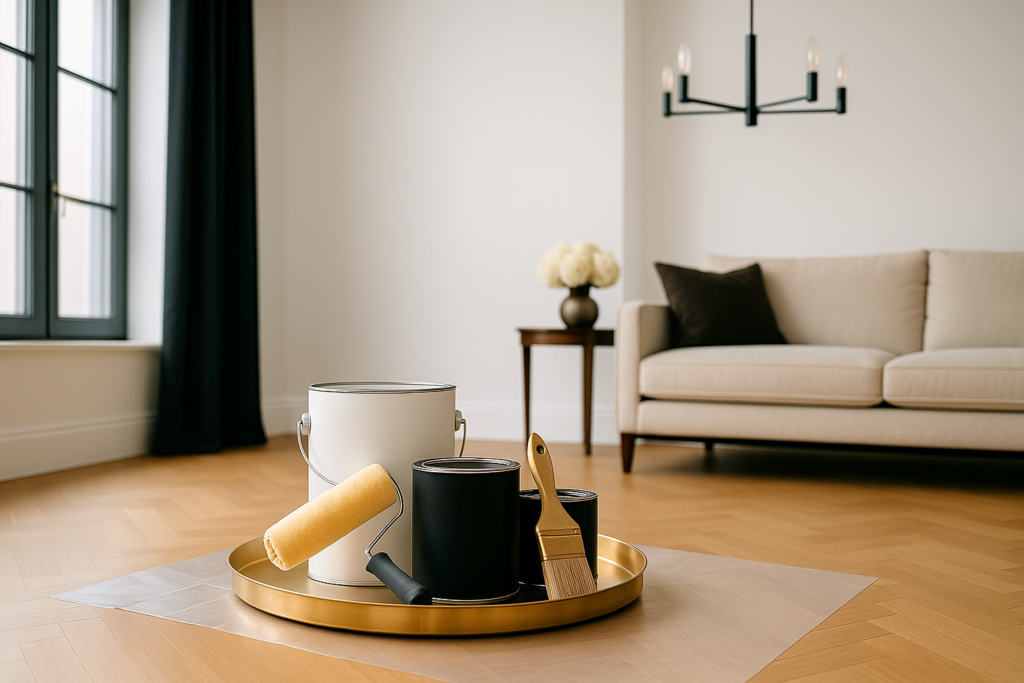 Imagem atual: Sala de estar moderna com parede pintada em branco acrílico, sofá bege minimalista, mesa lateral com flores e lustre simples e elegante.