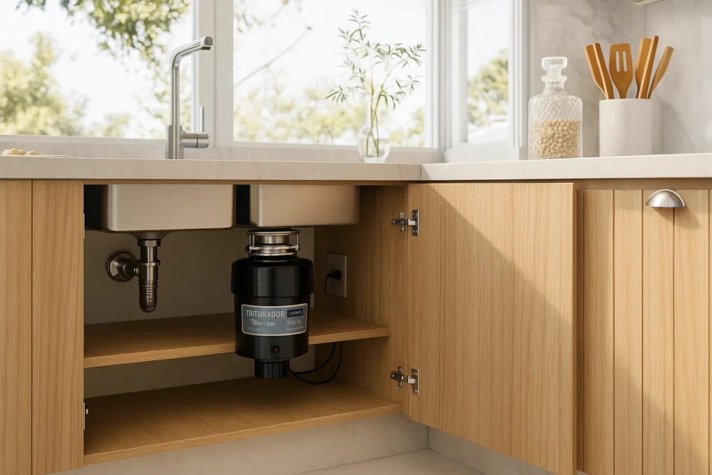 Triturador Tramontina: Praticidade e Inovação para sua cozinha 1 Imagem atual: Cozinha elegante com armário de madeira clara aberto mostrando o Triturador de Resíduos Alimentares Tramontina 0,75 HP instalado sob a pia de inox.
