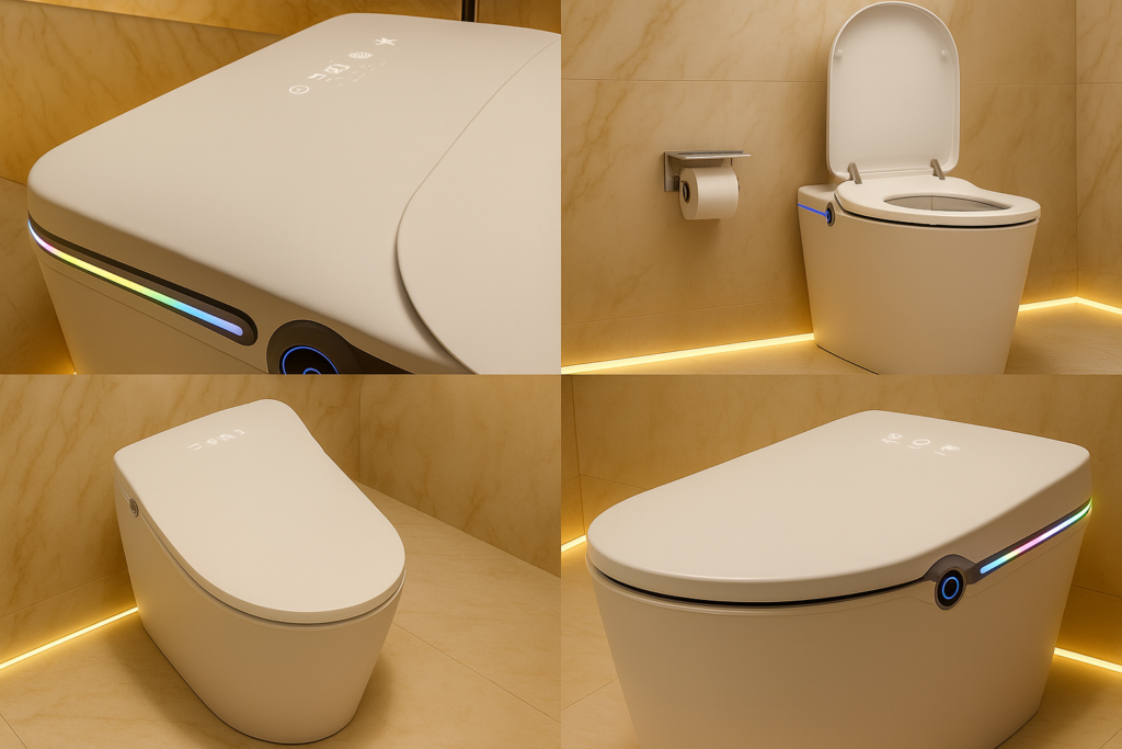 Imagem atual: Montagem 4 em 1 mostrando diferentes ângulos do Vaso Sanitário Inteligente Dax Volga Branco em um ambiente de banheiro sofisticado, com acabamento marmorizado e iluminação elegante