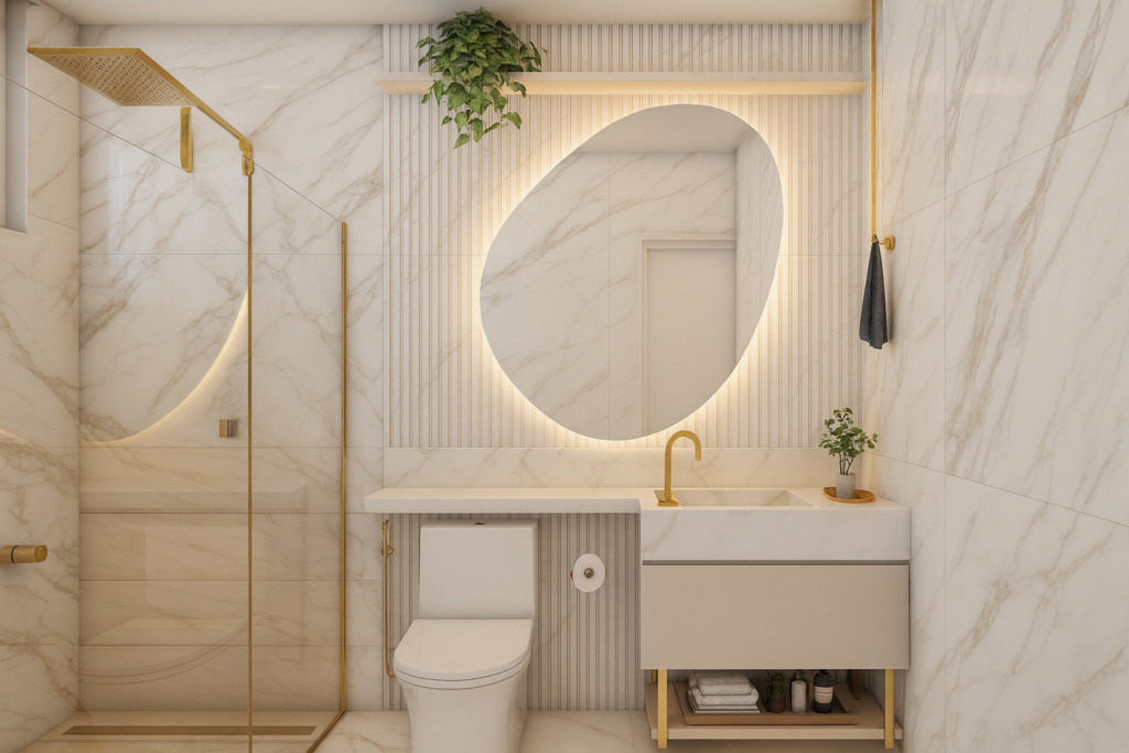 Imagem atual: Banheiro moderno e elegante com porcelanato marmorizado branco Incepa Calacatta Oro, iluminação quente embutida e metais dourados.