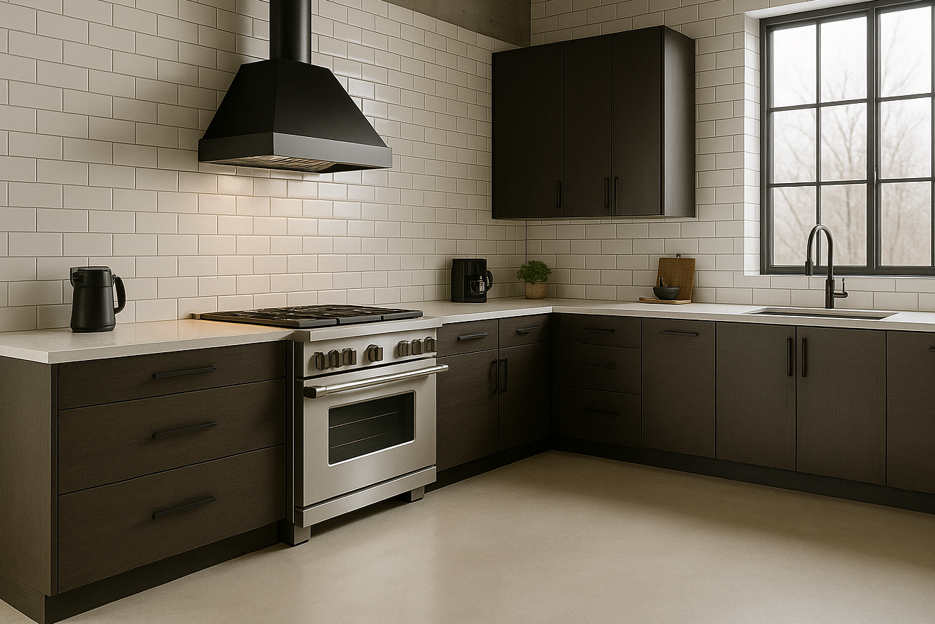Porcelanato Branco na cozinha: Elegância, Amplitude e Praticidade em cada detalhe 5 Cozinha industrial moderna com móveis de design contemporâneo, paredes revestidas com azulejos brancos brilhantes, bancadas em inox e iluminação pendente, criando um ambiente sofisticado e funcional.