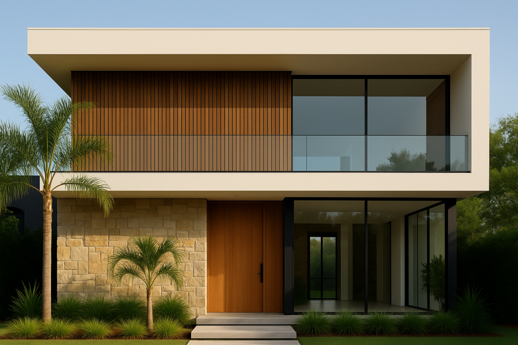 Fachada com porcelanato amadeirado: 6 ideias para renovar o visual da casa