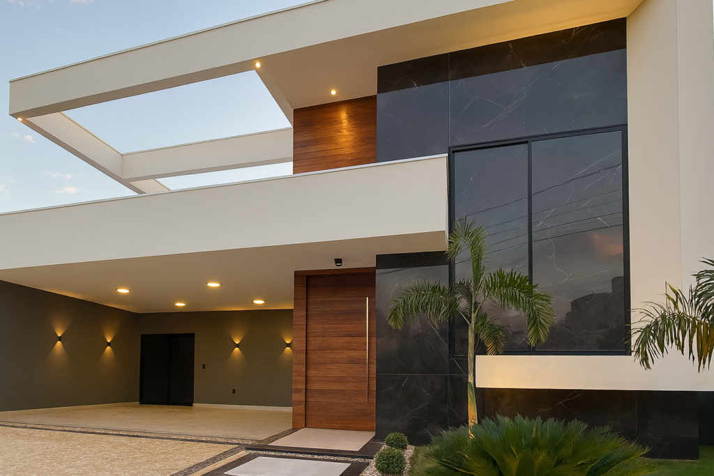 Fachada com porcelanato amadeirado: 6 ideias para renovar o visual da casa 1 Imagem atual: Fachada moderna de casa com porcelanato amadeirado e vidro, iluminação embutida e paisagismo com palmeiras.