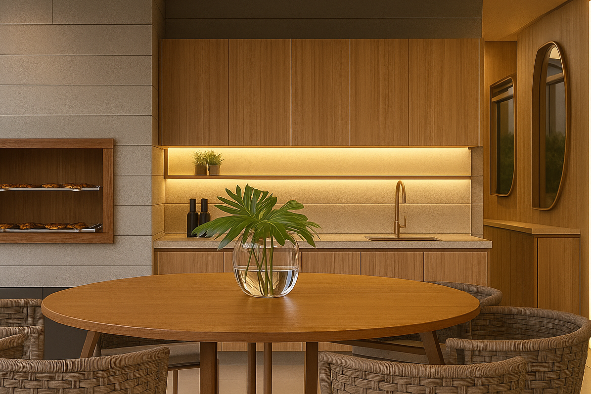 Fachada com porcelanato amadeirado: 6 ideias para renovar o visual da casa 6 Espaço gourmet moderno com churrasqueira revestida em porcelanato amadeirado, mesa redonda de madeira e iluminação quente e elegante.