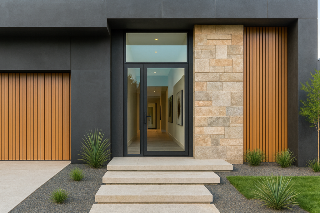 Imagem atual: Fachada de casa moderna de um pavimento em luz natural, com painéis pretos, porcelanato que imita pedra ao lado de ripado de madeira, porta de vidro, degraus em porcelanato e jardim minimalista com pedriscos e agaves.