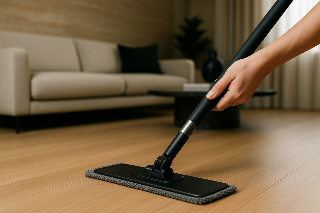 Como limpar Piso Laminado: Guia prático e como evitar erros 1 Imagem atual: Mão passando mop de microfibra preto em piso laminado de tom carvalho em sala moderna, ilustrando como limpar piso laminado com pouca água e detergente neutro.