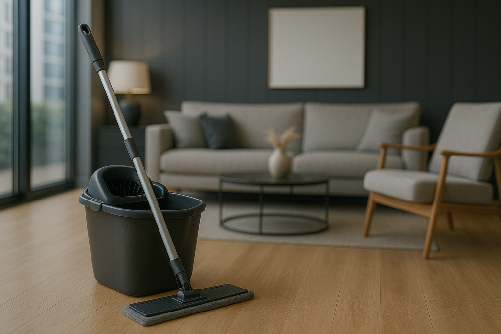 Imagem atual: Sala de estar moderna com piso vinílico amadeirado, mobiliário elegante em tons neutros e um balde de limpeza com mop no primeiro plano, destacando um ambiente limpo e sofisticado.